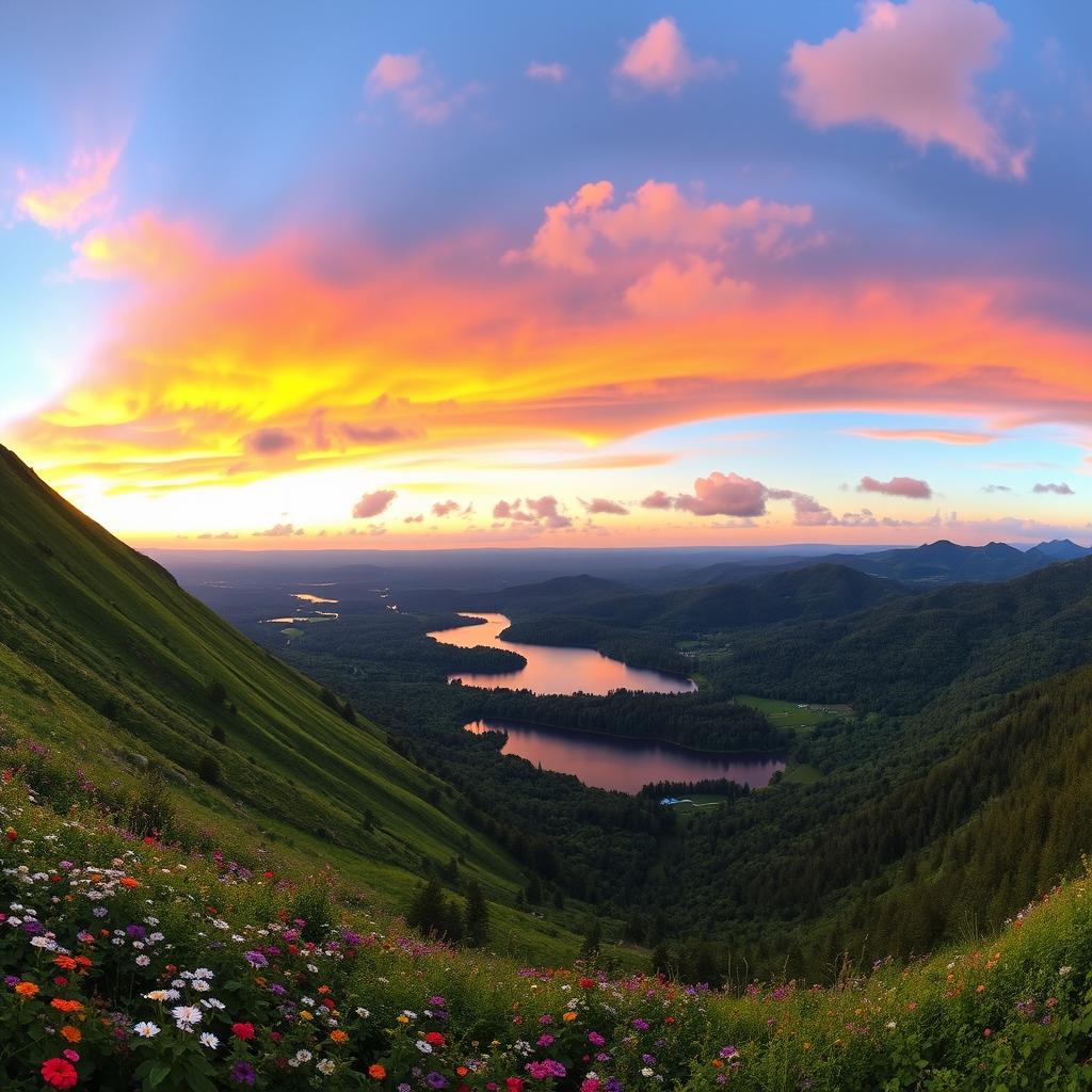 A panoramic landscape with a lush green hillside sharply increased on the left side, filled with blooming wildflowers of various colors, cascading down to a serene lake at the center