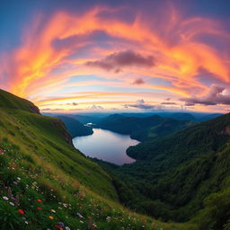 A panoramic landscape with a lush green hillside sharply increased on the left side, filled with blooming wildflowers of various colors, cascading down to a serene lake at the center