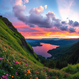 A panoramic landscape with a lush green hillside sharply increased on the left side, filled with blooming wildflowers of various colors, cascading down to a serene lake at the center