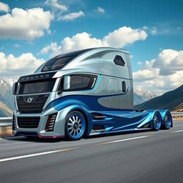 A visually striking custom cutting-edge semi-truck featuring Volvo-inspired rims and wheels