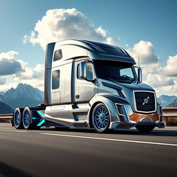 A visually striking custom cutting-edge semi-truck featuring Volvo-inspired rims and wheels