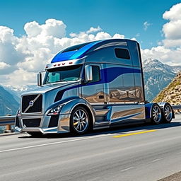 A visually striking custom cutting-edge semi-truck featuring Volvo-inspired rims and wheels