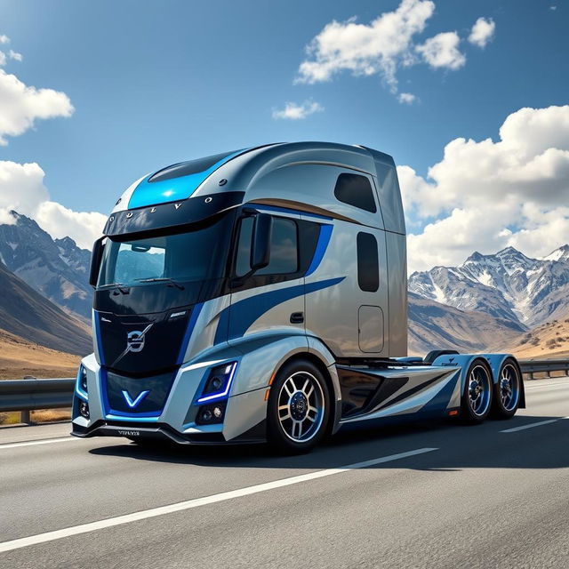 A visually striking custom cutting-edge semi-truck featuring Volvo-inspired rims and wheels