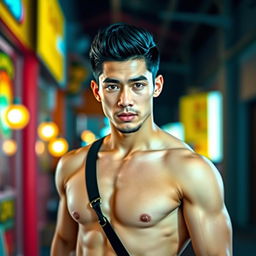 A tall, athletic man with a well-defined physique, featuring short, straight black hair and striking black eyes