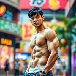 A tall, athletic man with a well-defined physique, featuring short, straight black hair and striking black eyes