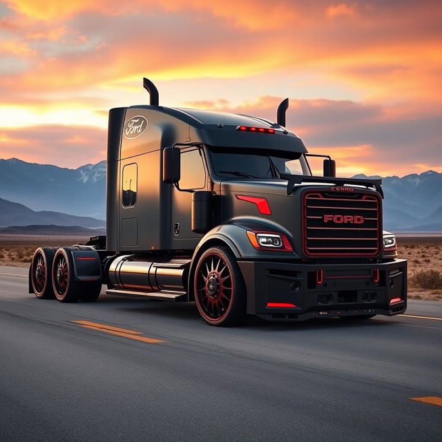 An aggressive custom cutting-edge semi-truck featuring Ford-inspired rims and wheels