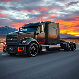 An aggressive custom cutting-edge semi-truck featuring Ford-inspired rims and wheels