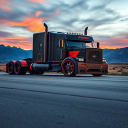 An aggressive custom cutting-edge semi-truck featuring Ford-inspired rims and wheels
