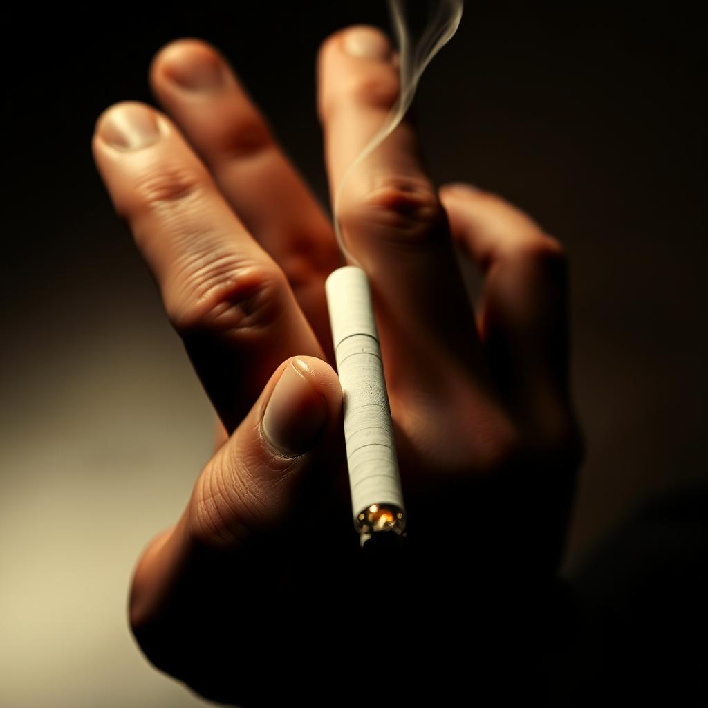 A close-up of a human hand holding a cigarette delicately between the fingers