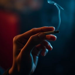 A close-up of a human hand holding a cigarette delicately between the fingers