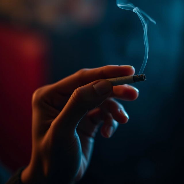 A close-up of a human hand holding a cigarette delicately between the fingers