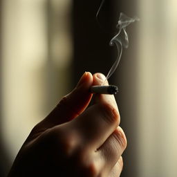 A close-up of a human hand holding a cigarette delicately between the fingers