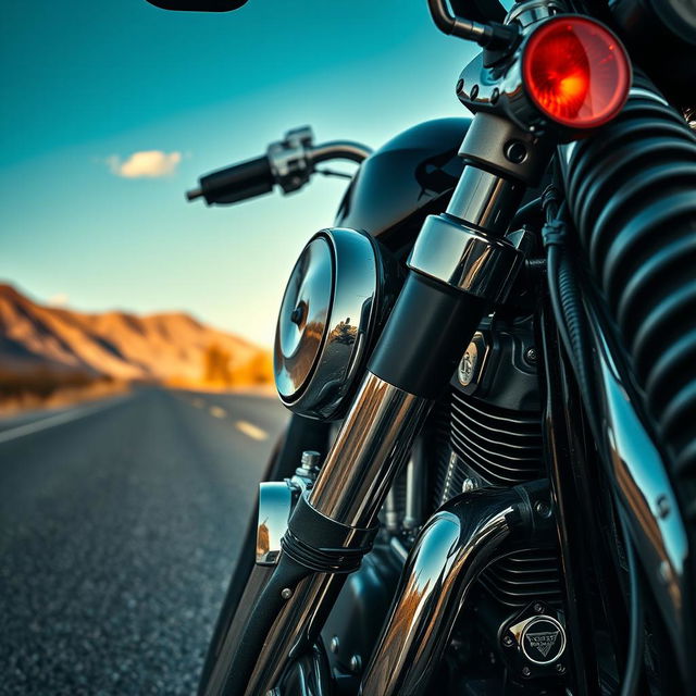 A close-up artistic view of a powerful heavy motorcycle showcasing intricate details like polished chrome parts, the beauty of its design, and a roaring engine