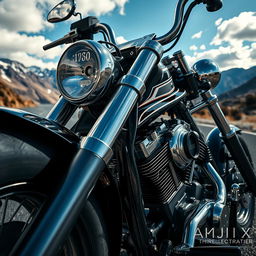 A close-up artistic view of a powerful heavy motorcycle showcasing intricate details like polished chrome parts, the beauty of its design, and a roaring engine