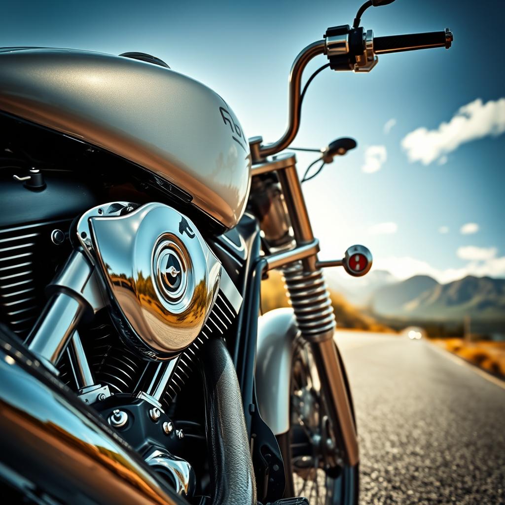 A close-up artistic view of a powerful heavy motorcycle showcasing intricate details like polished chrome parts, the beauty of its design, and a roaring engine