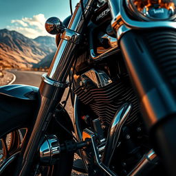 A close-up artistic view of a powerful heavy motorcycle showcasing intricate details like polished chrome parts, the beauty of its design, and a roaring engine