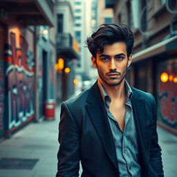 A tall man resembling Jaime Lorente, standing confidently in a stylish urban setting