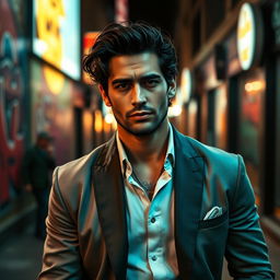 A tall man resembling Jaime Lorente, standing confidently in a stylish urban setting