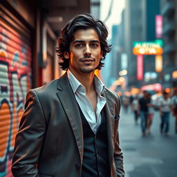 A tall man resembling Jaime Lorente, standing confidently in a stylish urban setting