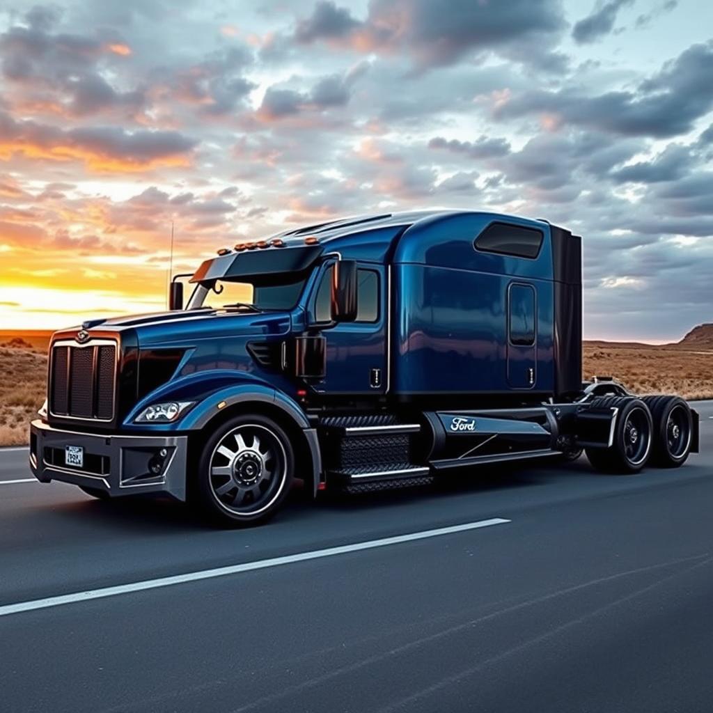 A custom cutting-edge semi-truck featuring Ford-inspired rims and wheels, showcasing a bold and aggressive look