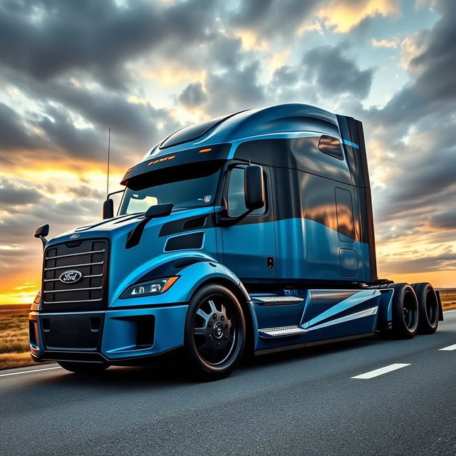 A custom cutting-edge semi-truck featuring Ford-inspired rims and wheels, showcasing a bold and aggressive look