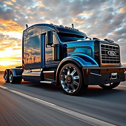 A custom cutting-edge semi-truck featuring Ford-inspired rims and wheels, showcasing a bold and aggressive look