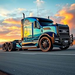 A custom cutting-edge semi-truck featuring Ford-inspired rims and wheels, showcasing a bold and aggressive look