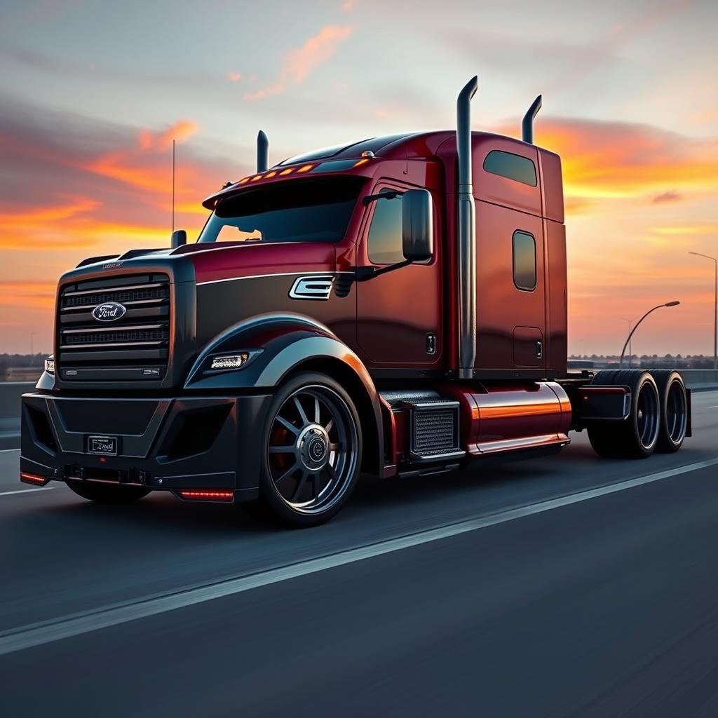 A custom cutting-edge semi-truck featuring Ford-inspired rims and wheels, showcasing a robust and modern design