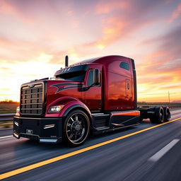 A custom cutting-edge semi-truck featuring Ford-inspired rims and wheels, showcasing a robust and modern design