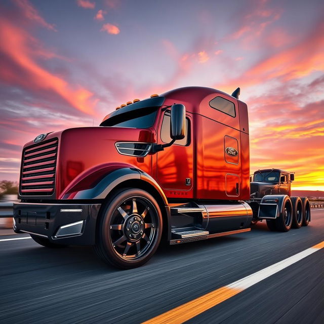 A custom cutting-edge semi-truck featuring Ford-inspired rims and wheels, showcasing a robust and modern design