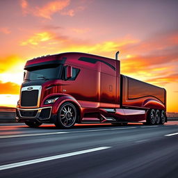 A custom cutting-edge semi-truck featuring Ford-inspired rims and wheels, showcasing a robust and modern design