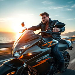 A dynamic action shot of a muscular soccer player resembling a famous athlete, riding a high-performance motorcycle on a scenic coastal road