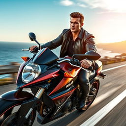 A dynamic action shot of a muscular soccer player resembling a famous athlete, riding a high-performance motorcycle on a scenic coastal road