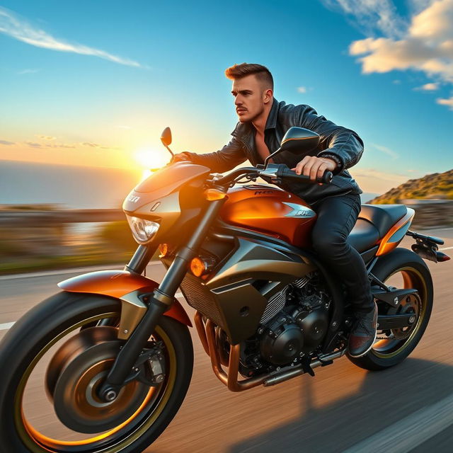 A dynamic action shot of a muscular soccer player resembling a famous athlete, riding a high-performance motorcycle on a scenic coastal road