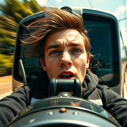 A close-up view of a person's face on the train's frontline, capturing a moment of excitement and intensity