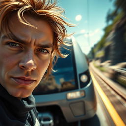 A close-up view of a person's face on the train's frontline, capturing a moment of excitement and intensity