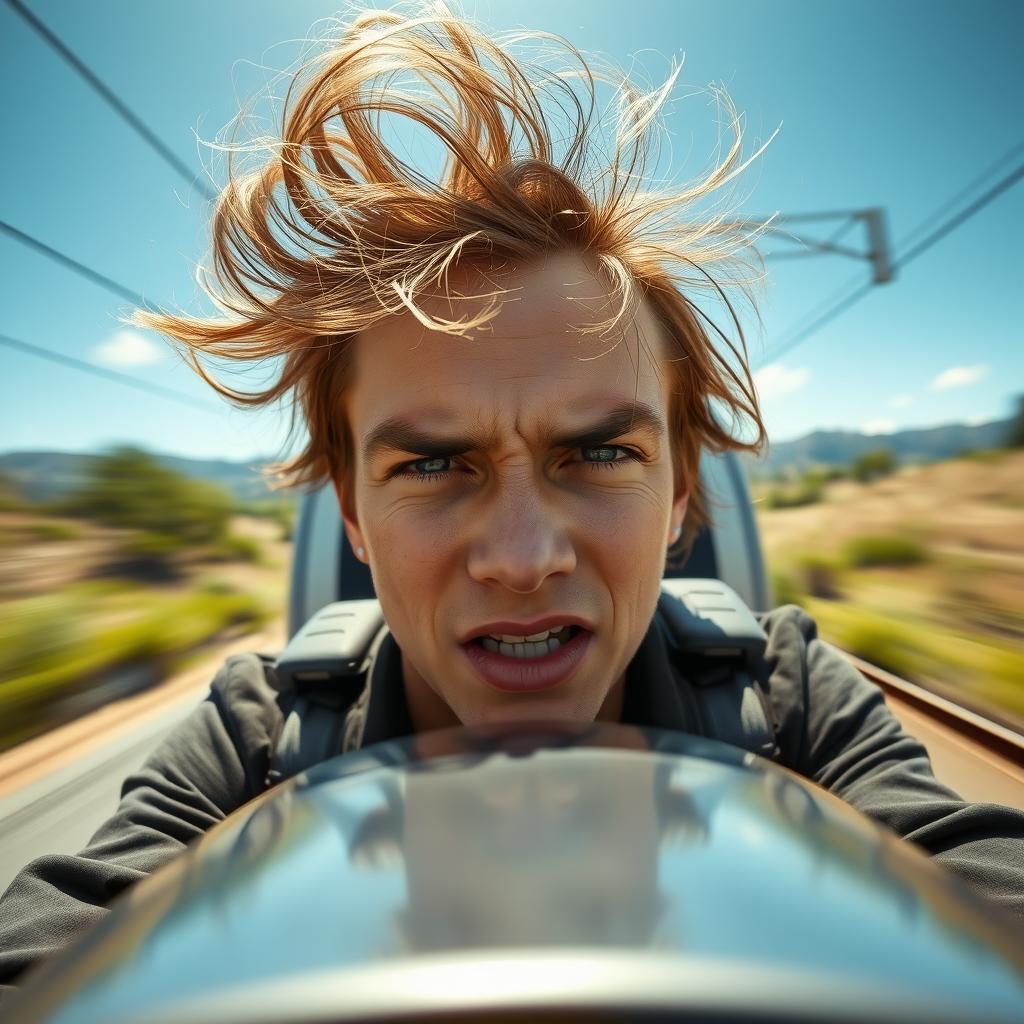 A close-up view of a person's face on the train's frontline, capturing a moment of excitement and intensity