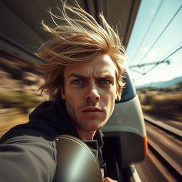 A close-up view of a person's face on the train's frontline, capturing a moment of excitement and intensity