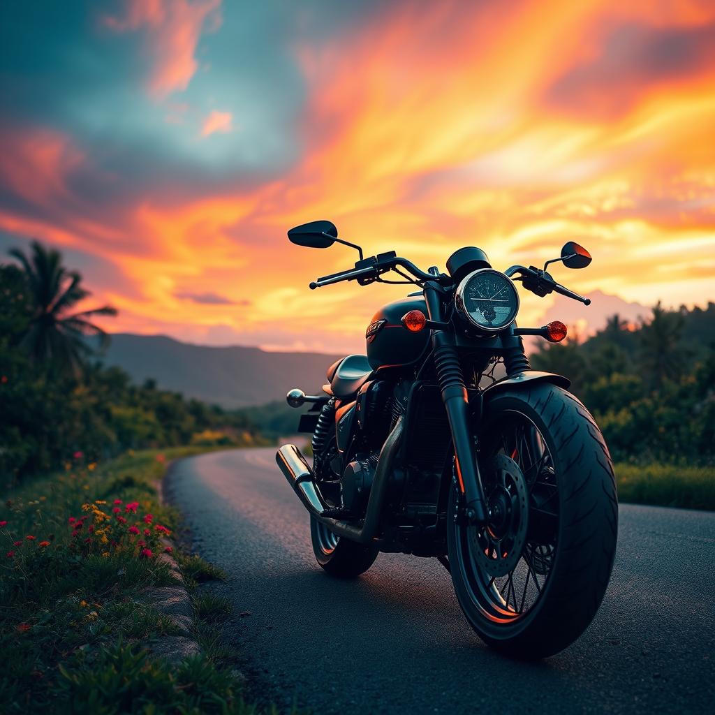 A powerful and beautiful heavy motorcycle on a scenic road in nature, with a stunning sky that conveys the joy of riding