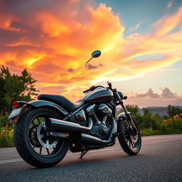 A powerful and beautiful heavy motorcycle on a scenic road in nature, with a stunning sky that conveys the joy of riding