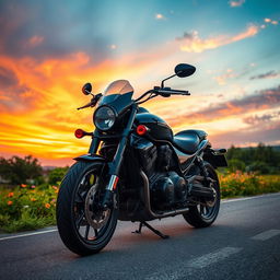 A powerful and beautiful heavy motorcycle on a scenic road in nature, with a stunning sky that conveys the joy of riding