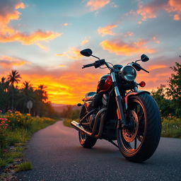 A powerful and beautiful heavy motorcycle on a scenic road in nature, with a stunning sky that conveys the joy of riding
