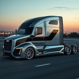 A custom cutting-edge semi-truck featuring Audi-inspired rims and wheels, showcasing an ultra-modern and sleek design