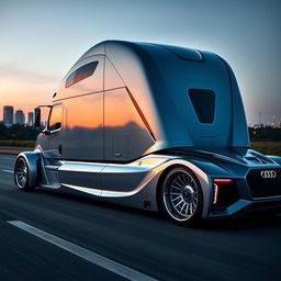 A custom cutting-edge semi-truck featuring Audi-inspired rims and wheels, showcasing an ultra-modern and sleek design