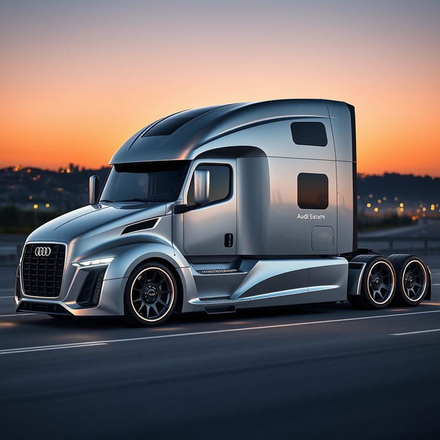 A custom cutting-edge semi-truck featuring Audi-inspired rims and wheels, showcasing an ultra-modern and sleek design