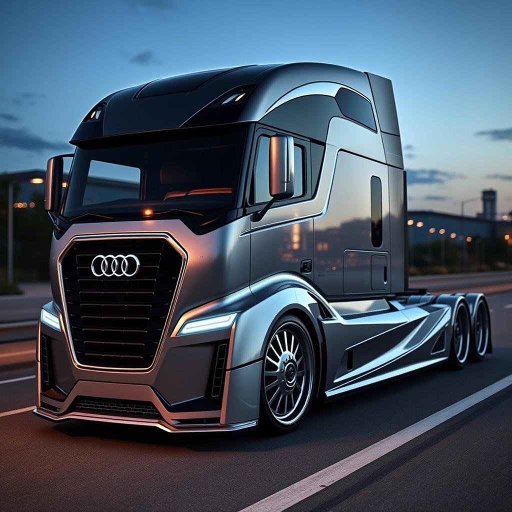 A custom cutting-edge semi-truck featuring Audi-inspired rims and wheels, showcasing an ultra-modern and sleek design