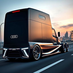 A custom cutting-edge semi-truck featuring Audi-inspired rims and wheels, designed with an elegant and futuristic aesthetic