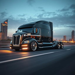 A custom cutting-edge semi-truck featuring Audi-inspired rims and wheels, designed with an elegant and futuristic aesthetic