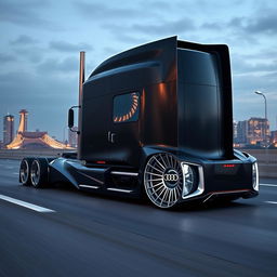 A custom cutting-edge semi-truck featuring Audi-inspired rims and wheels, designed with an elegant and futuristic aesthetic