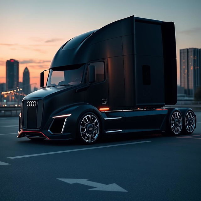 A custom cutting-edge semi-truck featuring Audi-inspired rims and wheels, designed with an elegant and futuristic aesthetic